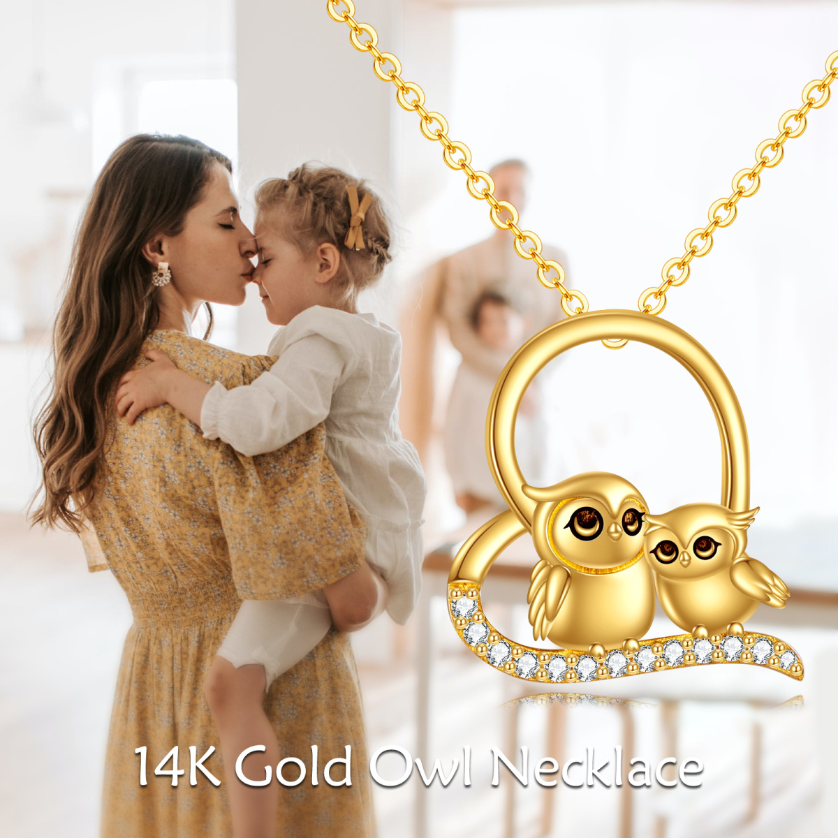 14K Gold Cubic Zirconia Owl Parent & Child Heart Pendant Necklace-5