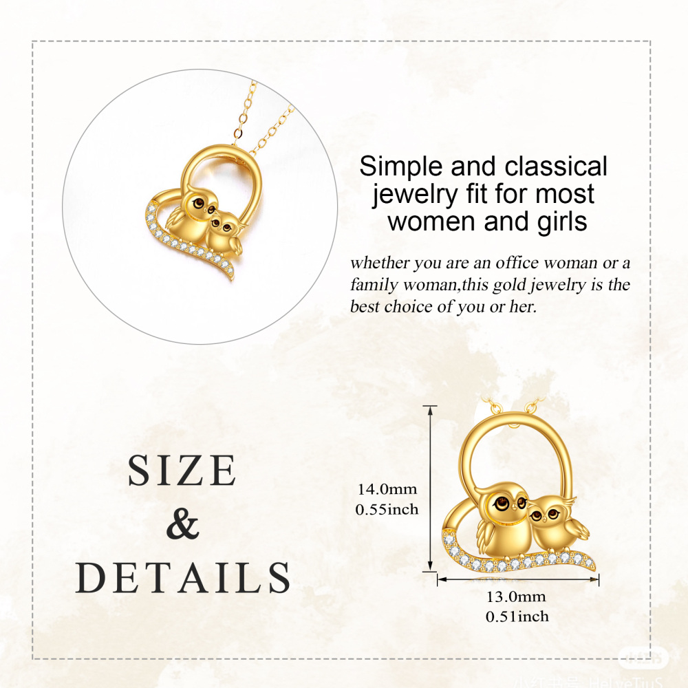 10K Gold Cubic Zirconia Owl Parent & Child Heart Pendant Necklace-6