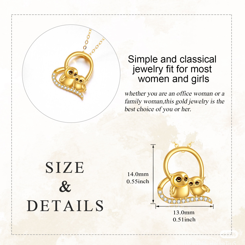 Colar com pendente coruja e coração em ouro branco 10K com zircónias cúbicas-6