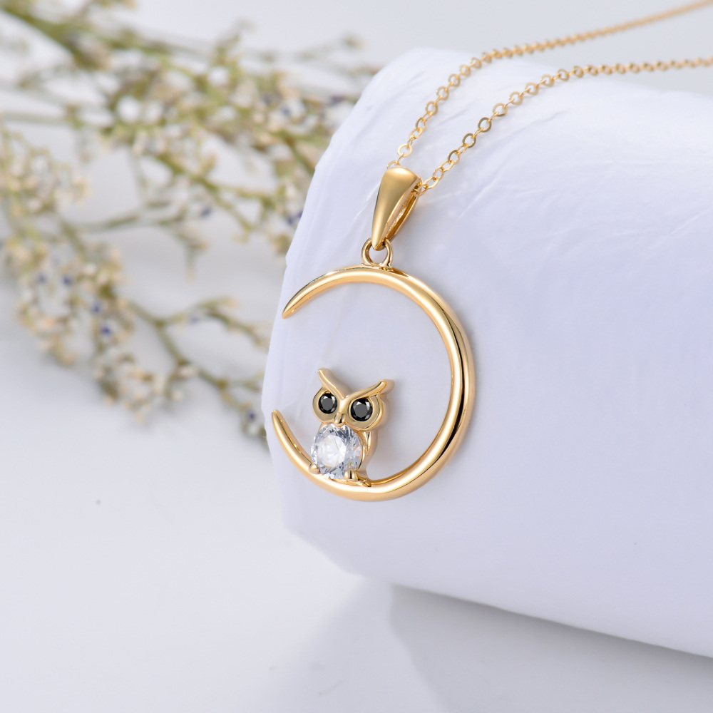 10K Gold Cubic Zirconia Owl Pendant Necklace-3