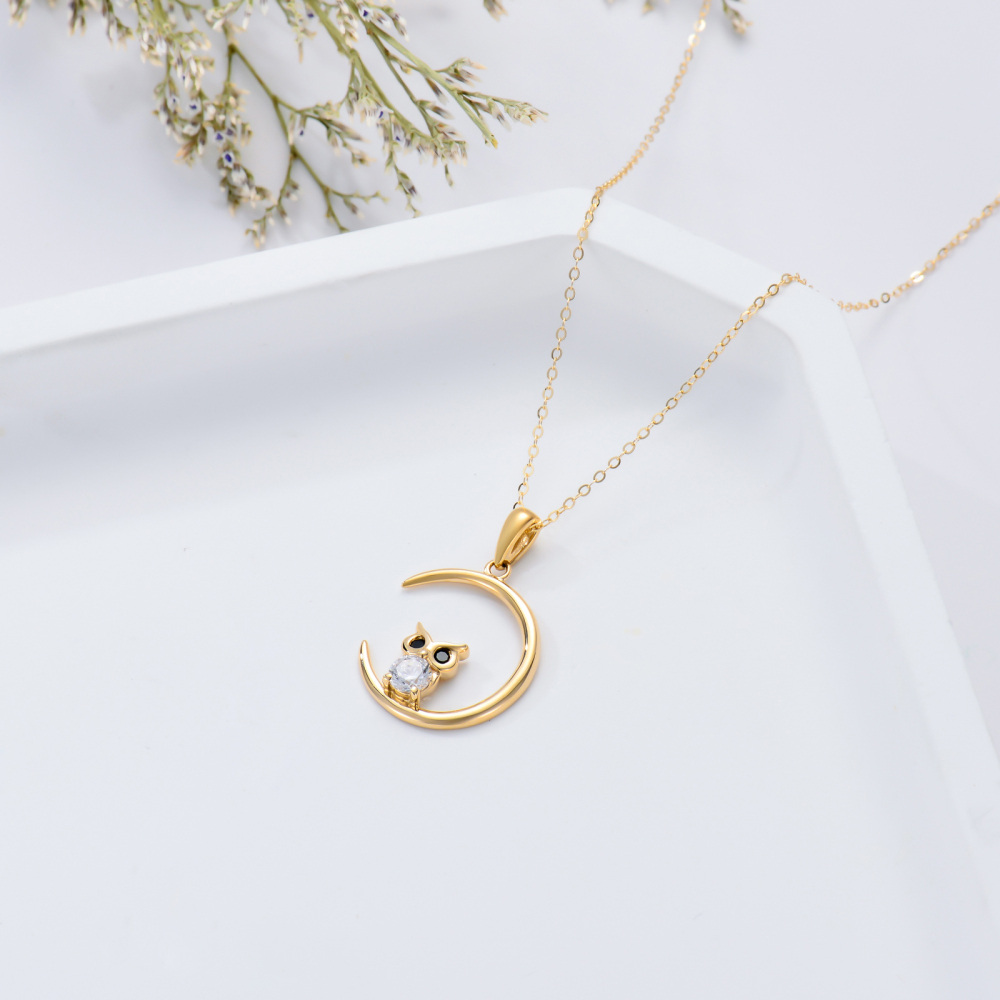 10K Gold Cubic Zirconia Owl Pendant Necklace-4