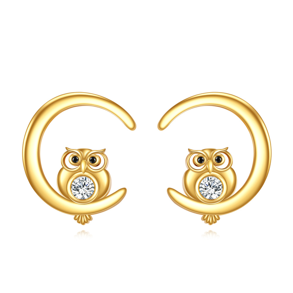 Pendientes de búho con circonita cúbica en oro de 14 quilates-1