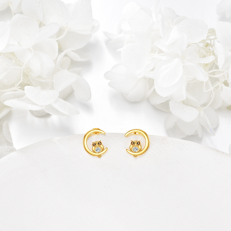 10K White Gold Cubic Zirconia Owl Stud Earrings-4