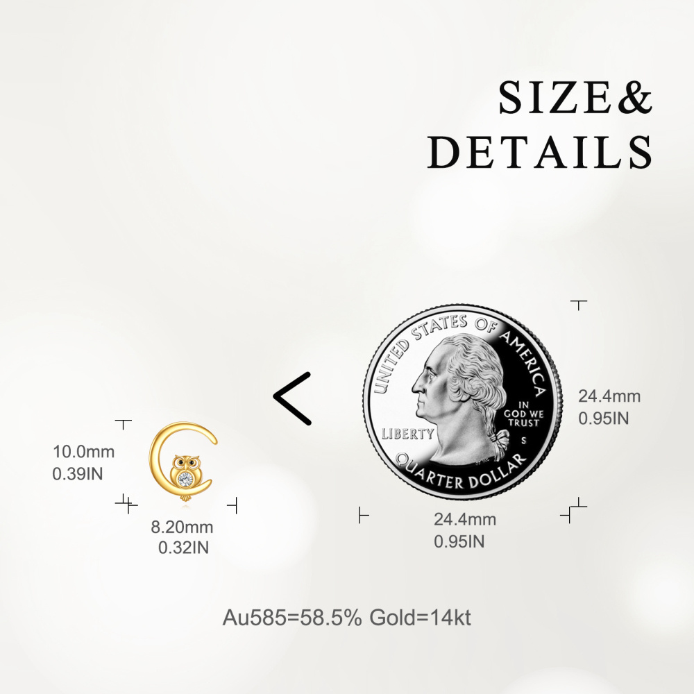 Pendientes de búho con circonita cúbica en oro de 14 quilates-5