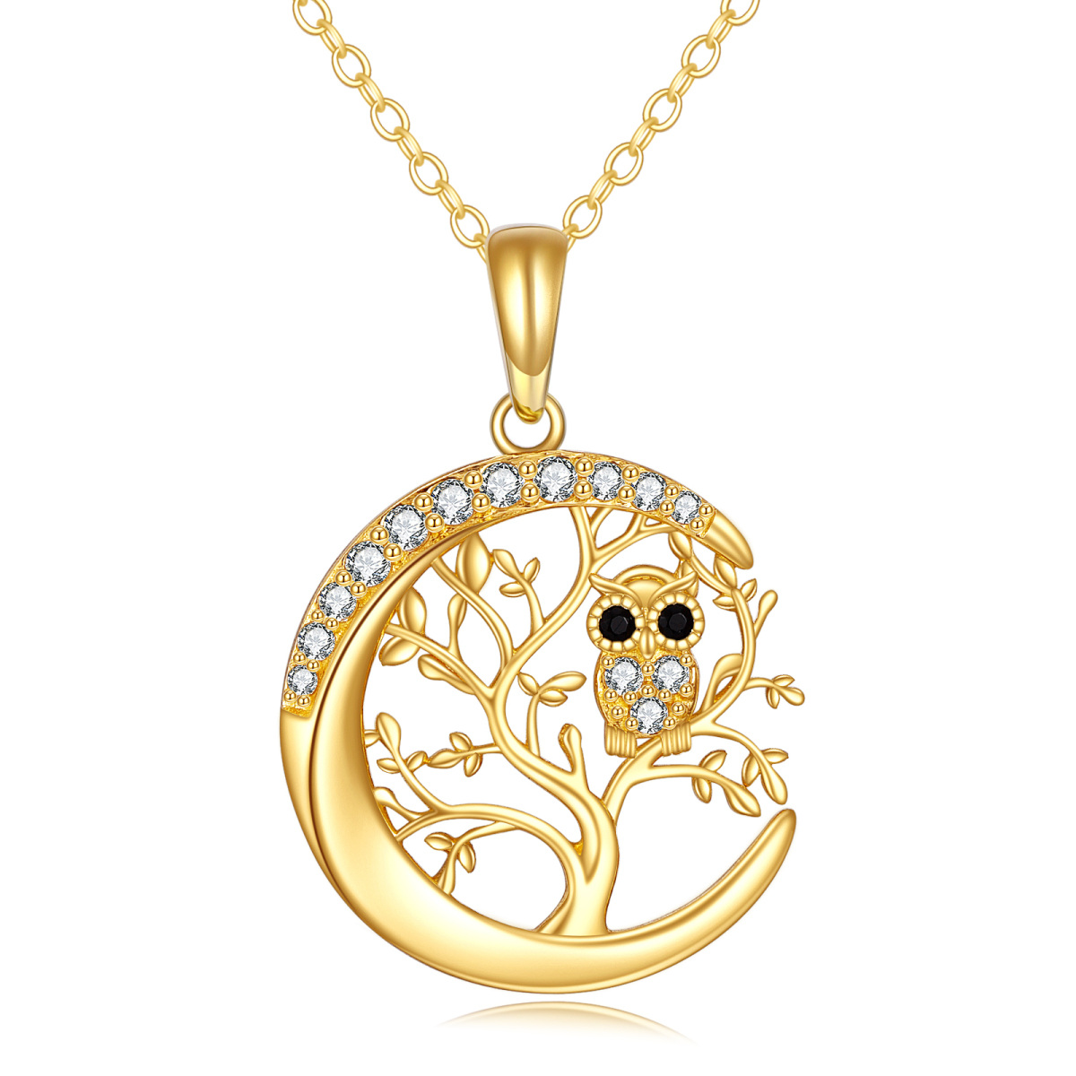 Collar con colgante de búho y árbol de la vida con circonita cúbica de oro de 14 quilates para mujer-1