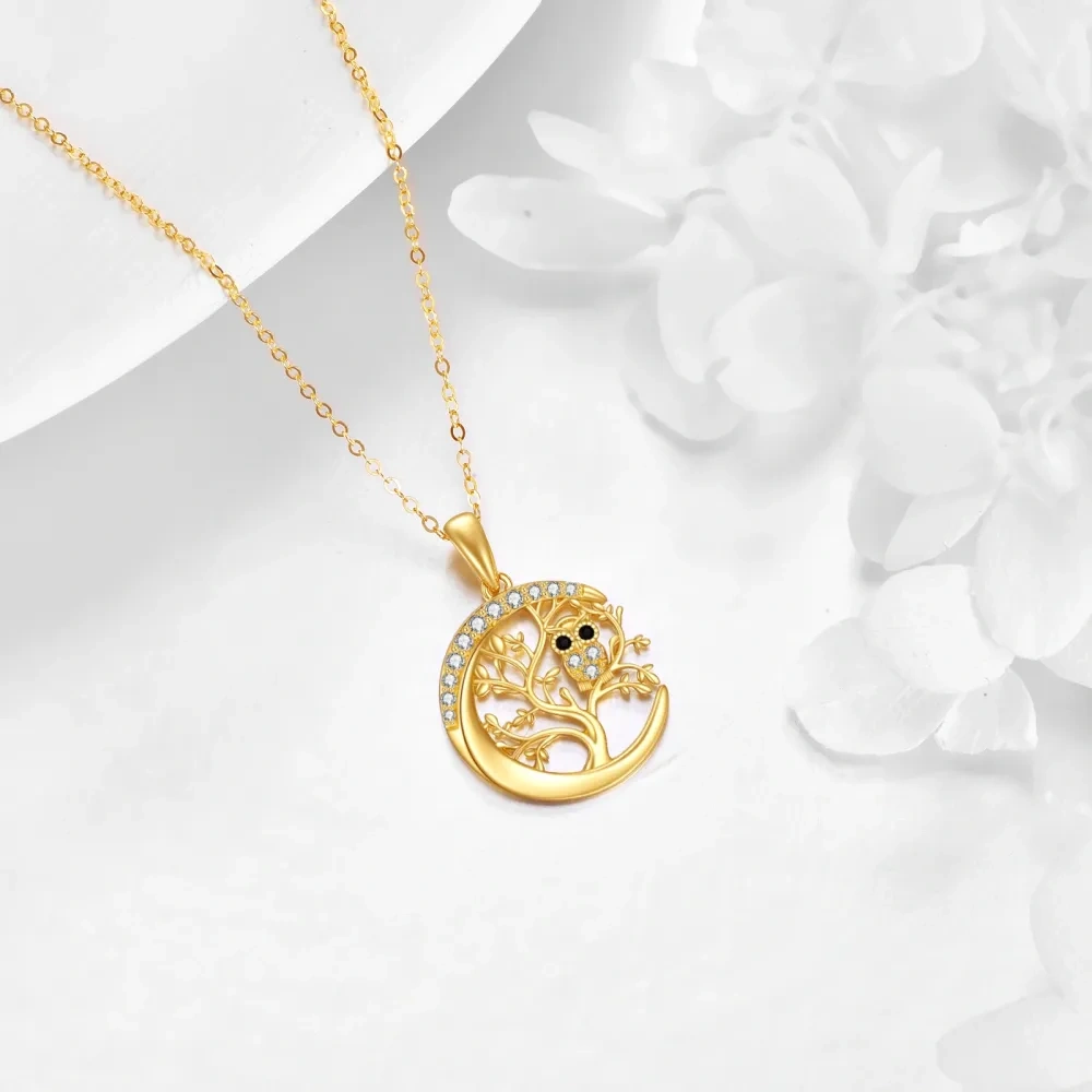 Collana da donna con ciondolo gufo e albero della vita in oro 14 carati con zirconi cubici e luna-3