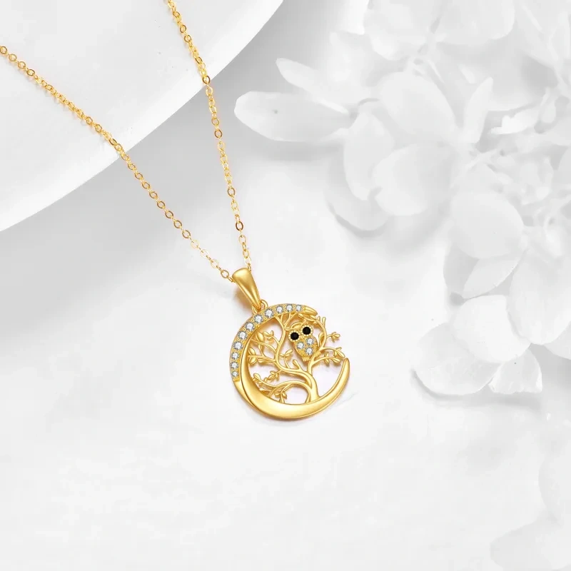 Naszyjnik z 10-karatowego białego złota z cyrkoniami sześciennymi i wisiorkiem w kształcie sowy, drzewa życia i księżyca-3