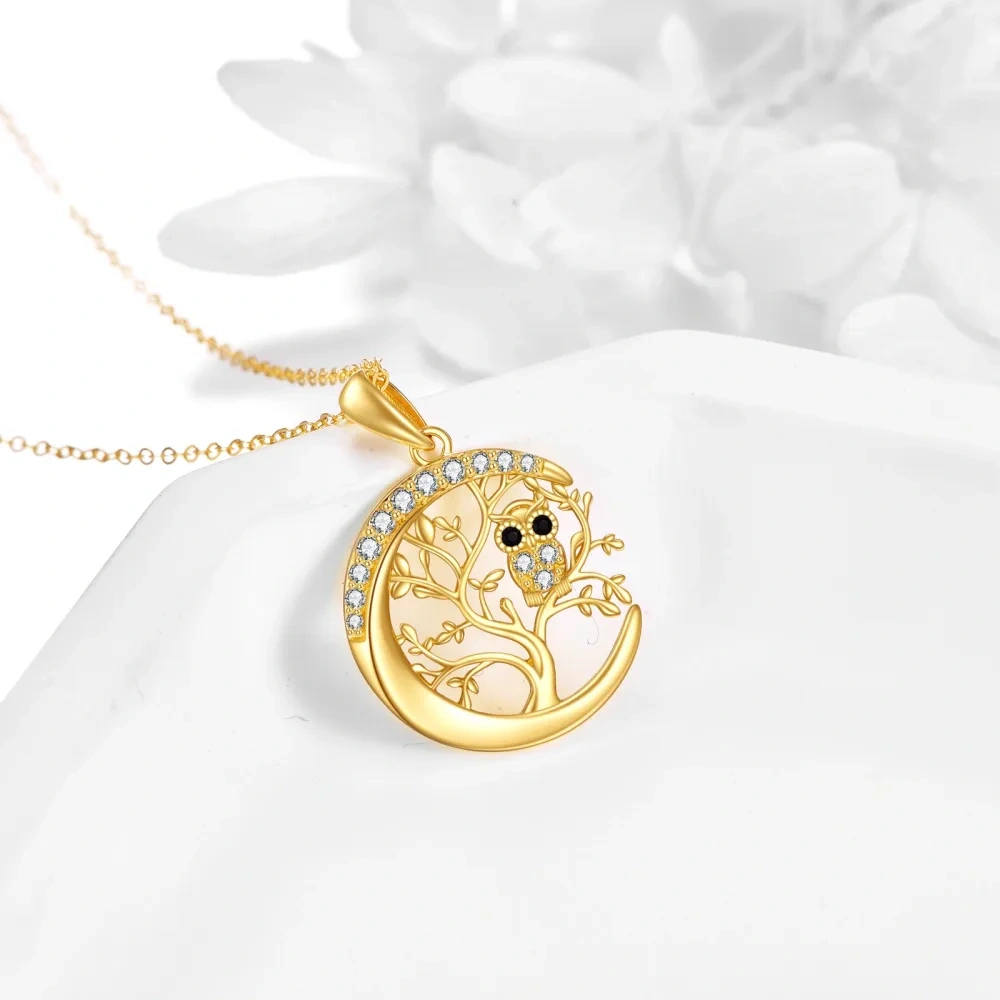 Collana da donna con ciondolo gufo e albero della vita in oro 14 carati con zirconi cubici e luna-4