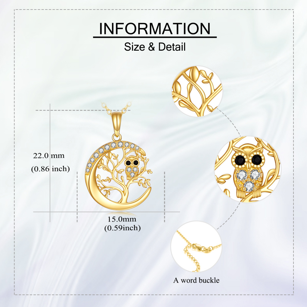 Collana da donna con ciondolo gufo e albero della vita in oro 14 carati con zirconi cubici e luna-5