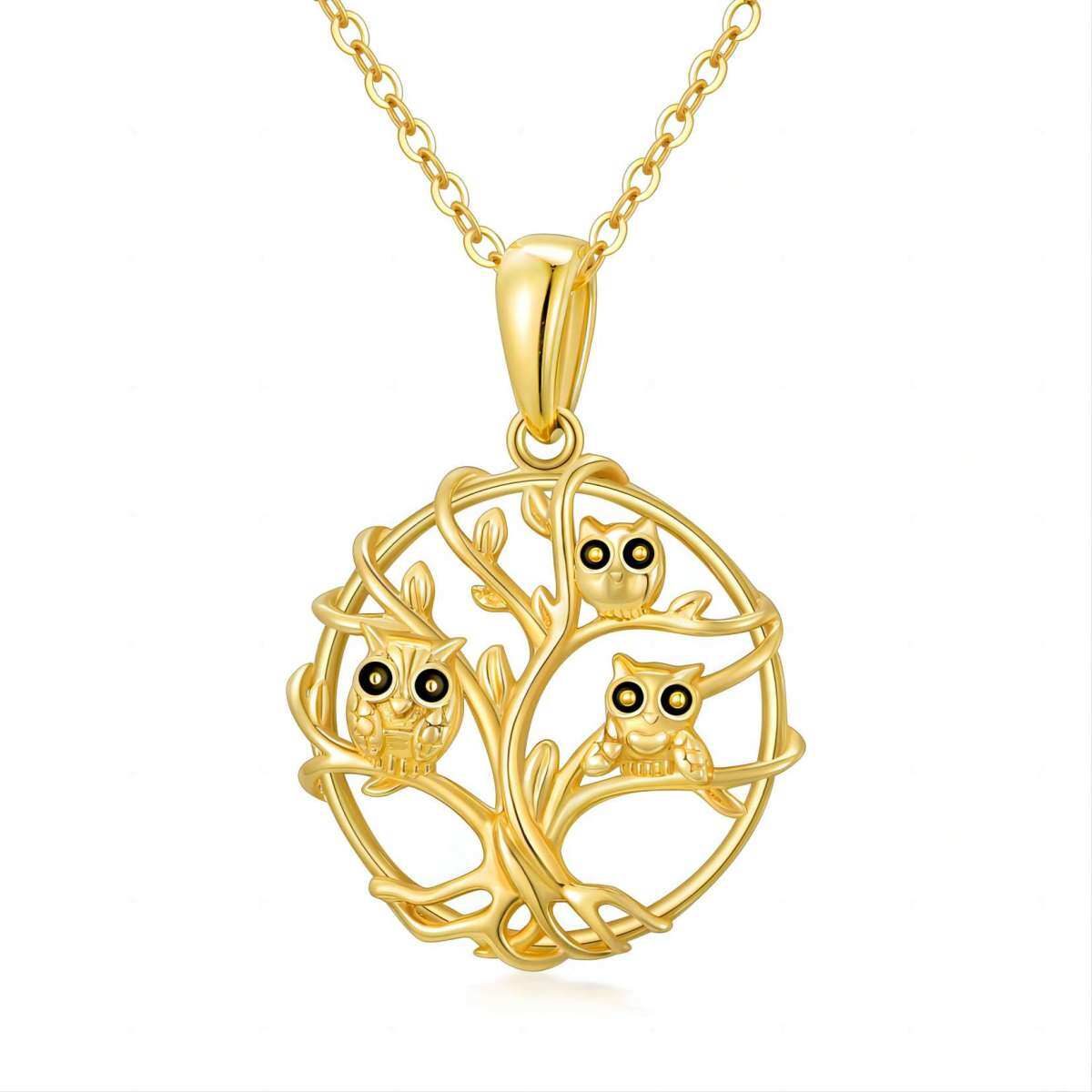 10K Gold Owl & Tree Of Life Pendant Necklace-1