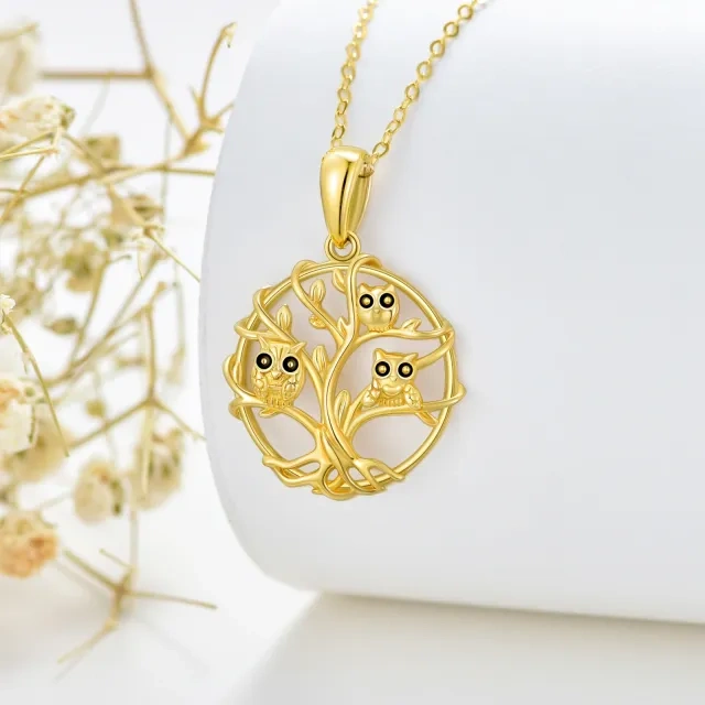 Collier pendentif arbre de vie hibou en or 14 carats-4