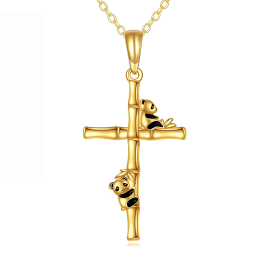 10K Gold Panda & Bamboo & Cross Pendant Necklace