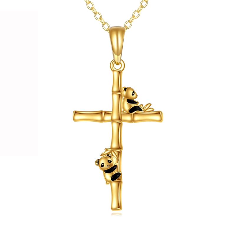 10K Gold Panda & Bamboo & Cross Pendant Necklace-3