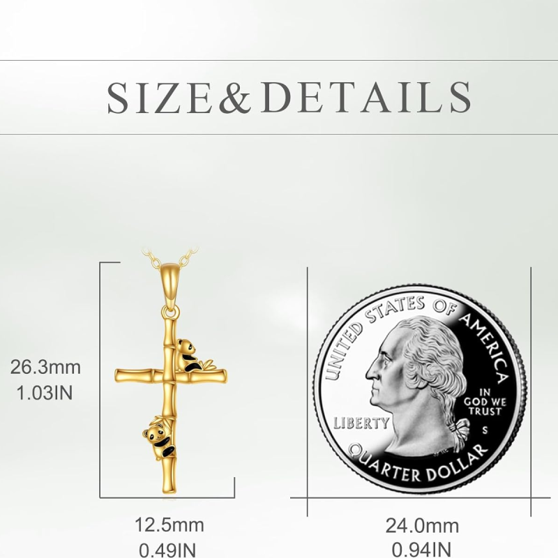 Colar com pendente de panda, bambu e cruz em ouro branco 10K-3