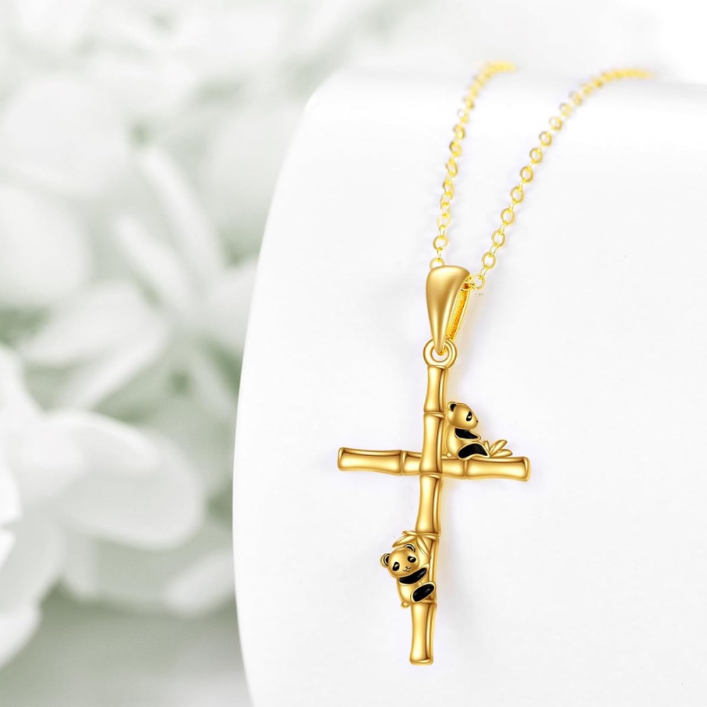 10K Gold Panda & Bamboo & Cross Pendant Necklace-4