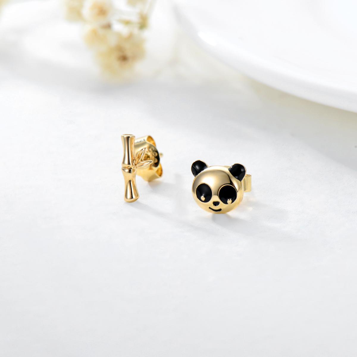 14K Gold Panda & Bamboo Stud Earrings for Girl-3