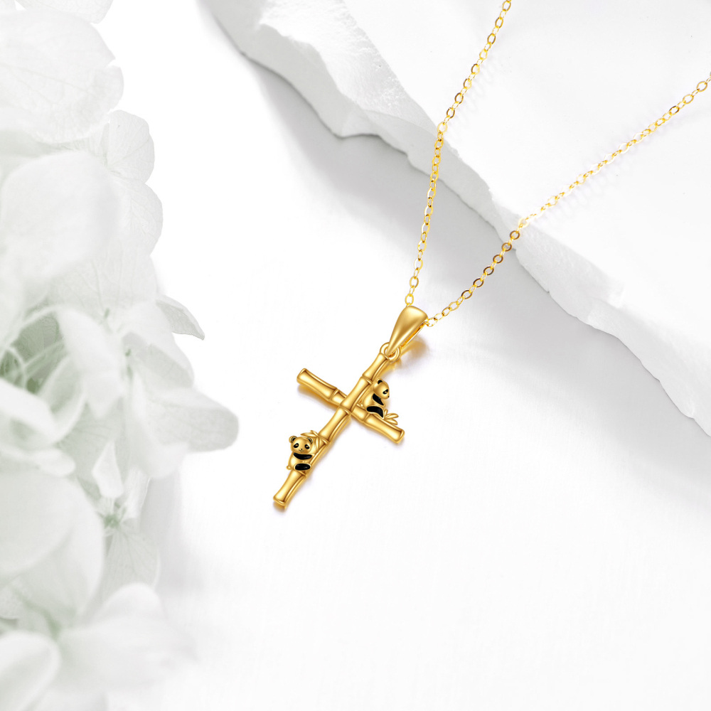 10K Gold Panda & Cross Pendant Necklace-3