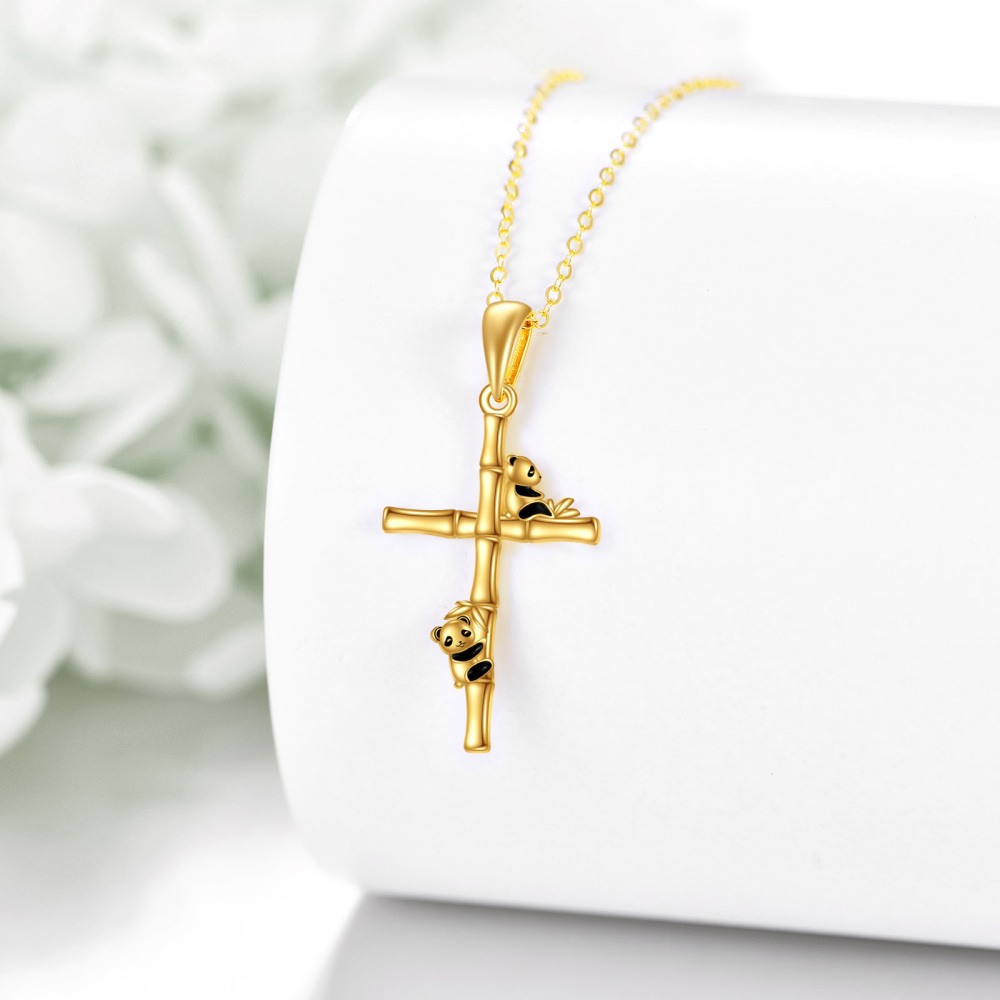 10K Gold Panda & Cross Pendant Necklace-4