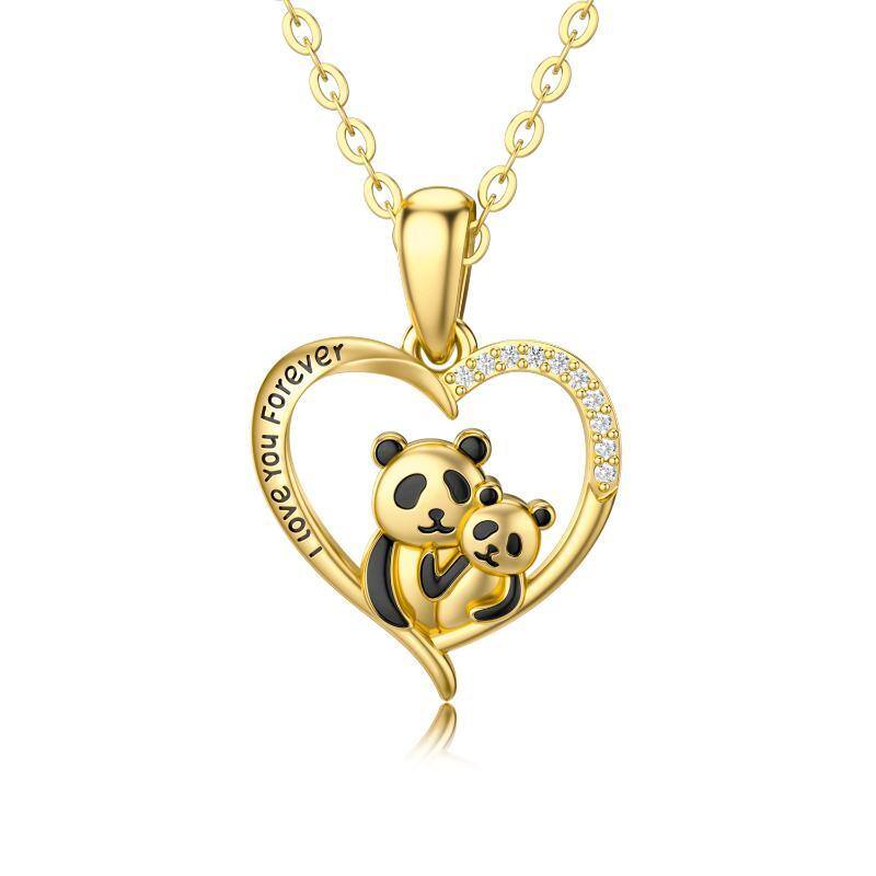 Colar com pingente de coração e panda em zircónio cúbico em ouro de 10K com palavra gravad-1
