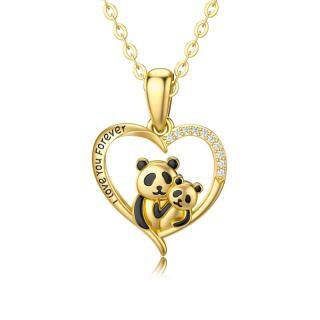 14K Gold Cubic Zirconia Panda & Heart Pendant Necklace with Engraved Word-4