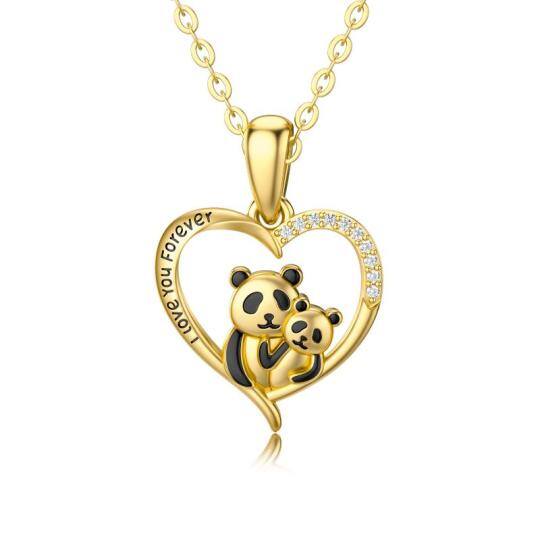 10K Gold Cubic Zirconia Panda & Heart Pendant Necklace with Engraved Word