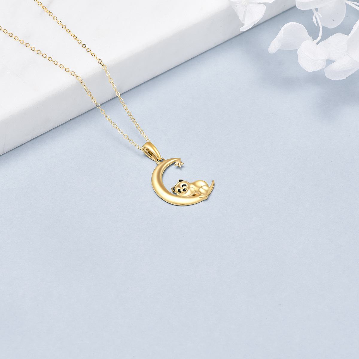 14K Gold Panda & Moon Pendant Necklace-4