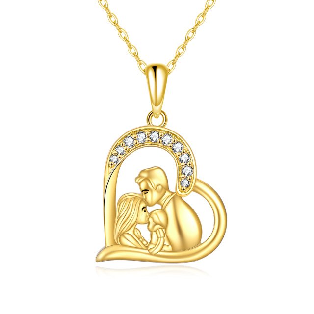 10K Yellow Gold Cubic Zirconia Parents With Children Heart Pendant Necklace For Women