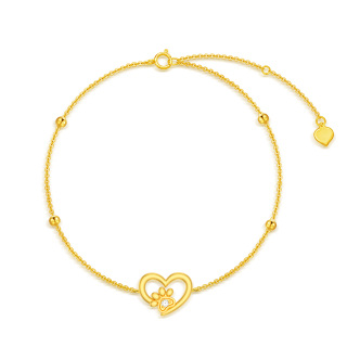 10K Gold Paw With Circular Cubic Zirconia Heart Charm Bracelet-12