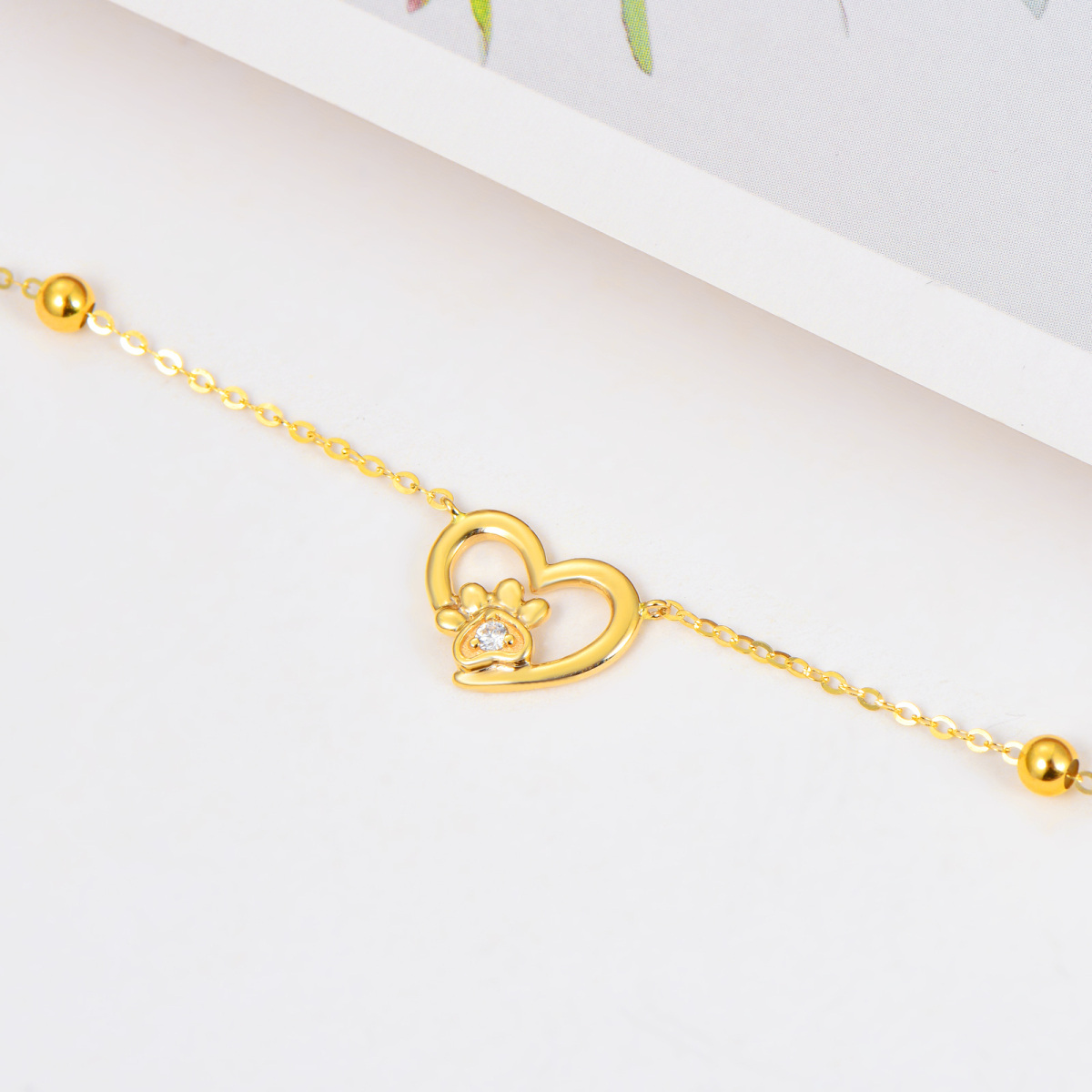 14K Gold Paw With Circular Cubic Zirconia Heart Pendant Bracelet-4