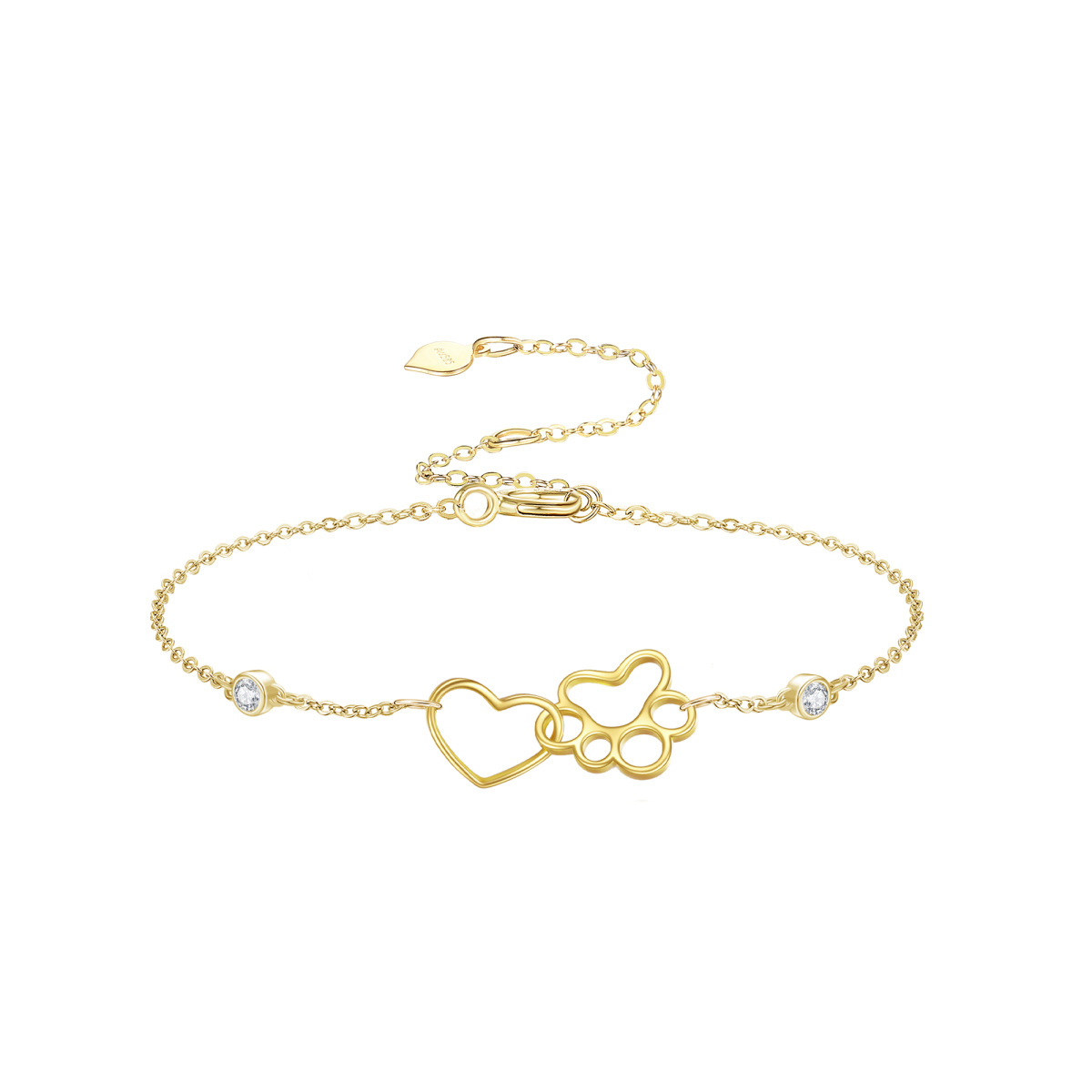 14K Gold Cubic Zirconia Paw & Heart Charm Bracelet-1