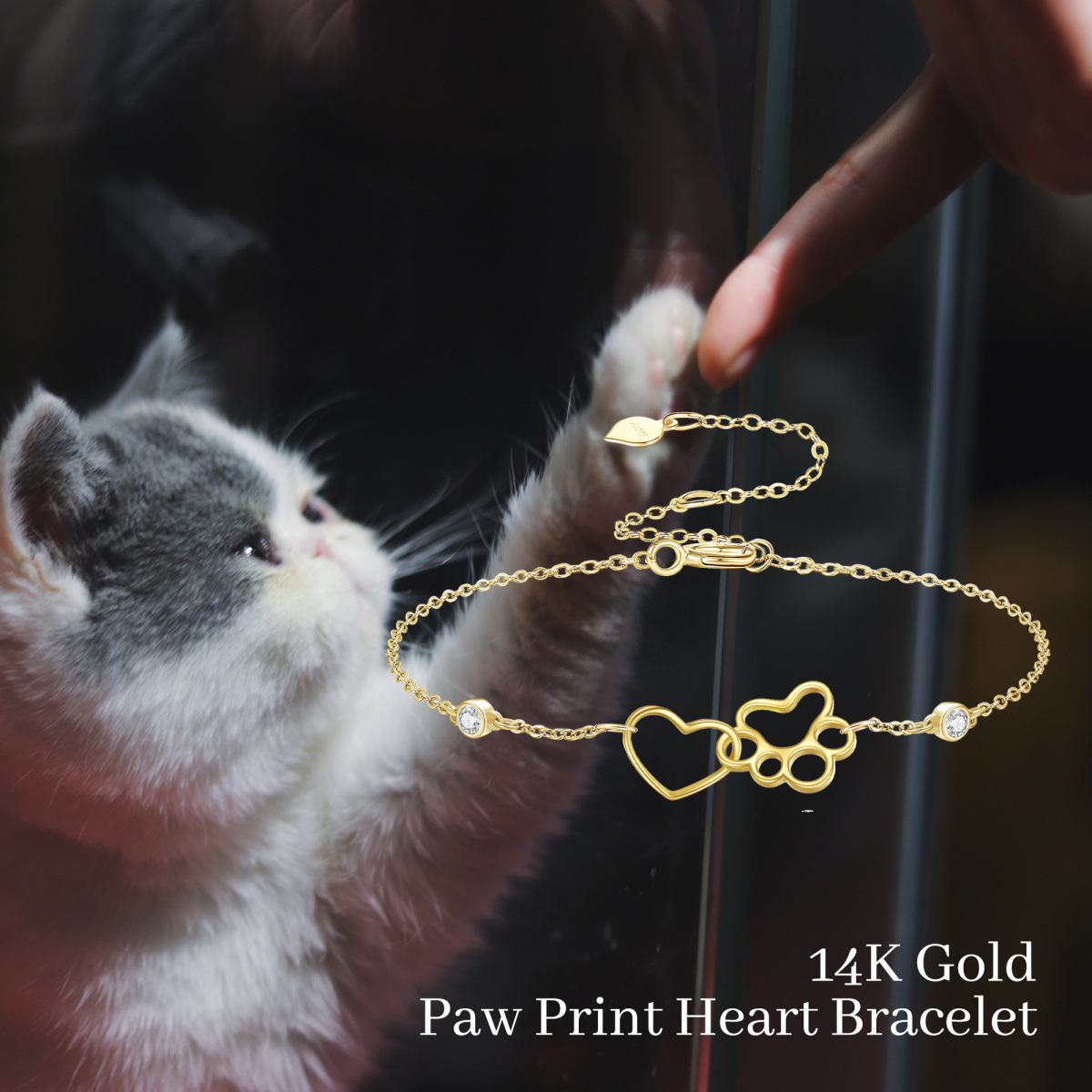 10K Gold Cubic Zirconia Paw & Heart Charm Bracelet-6