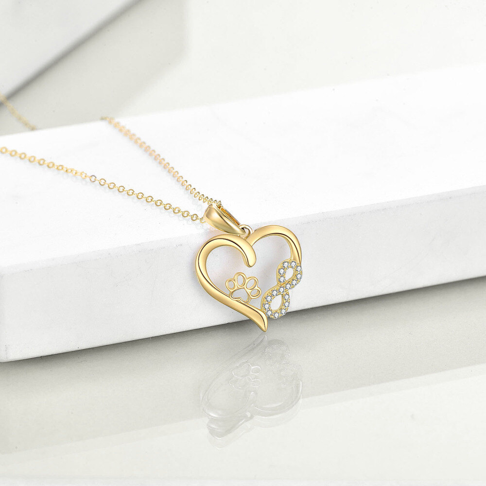 10K Gold Cubic Zirconia Paw & Heart & Infinity Symbol Pendant Necklace-3