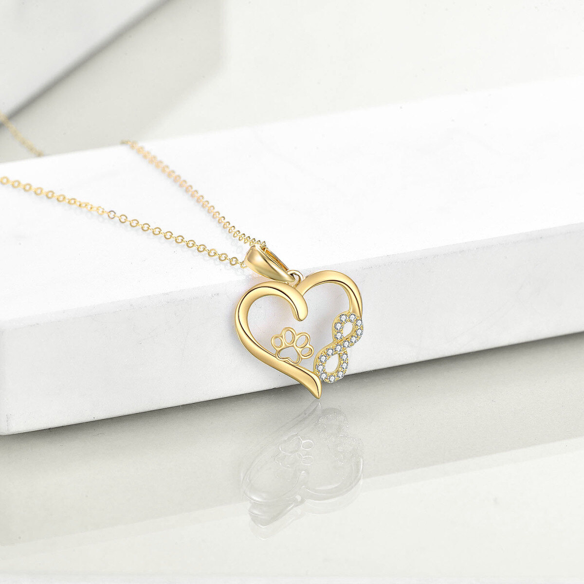 14K Gold Cubic Zirconia Paw & Heart & Infinity Symbol Pendant Necklace-3