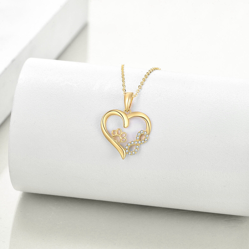 10K Gold Cubic Zirconia Paw & Heart & Infinity Symbol Pendant Necklace-4