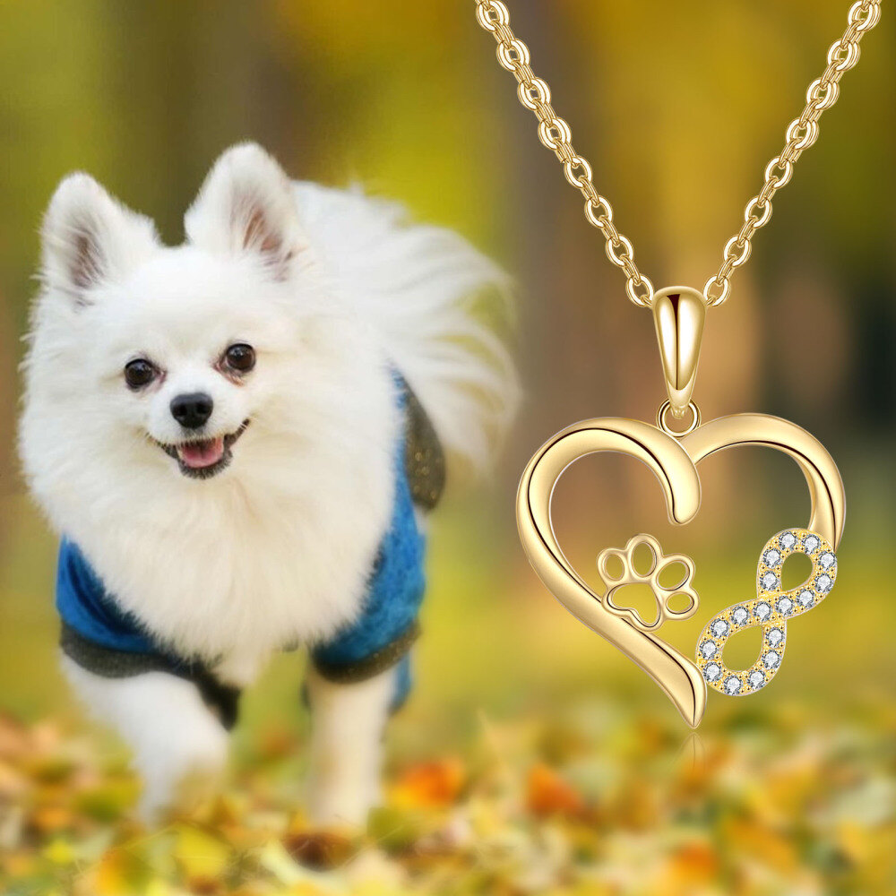10K Gold Cubic Zirconia Paw & Heart & Infinity Symbol Pendant Necklace-5