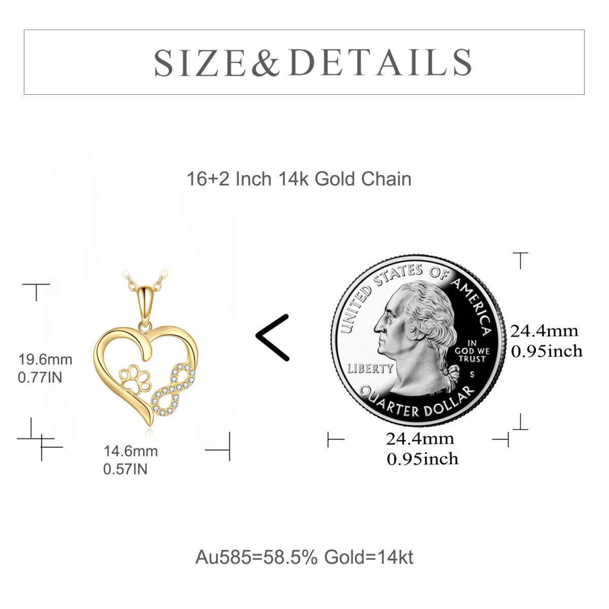 14K Gold Cubic Zirkonia Pfote & Herz & Unendlichkeit Symbol Anhänger Halskette-6