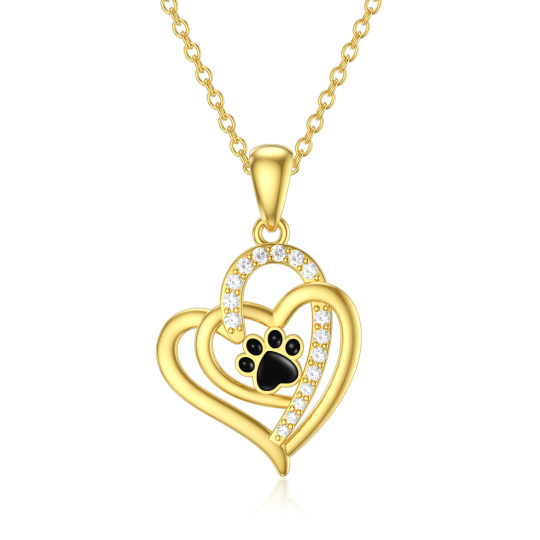 Collier en or 14 carats avec pendentif en forme de patte de chat et cœur en zircone cubique pour femme