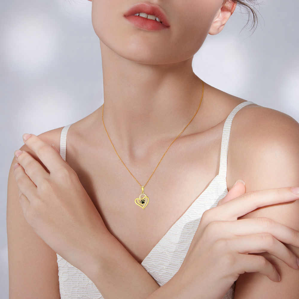 10K Gold Cubic Zirconia Paw & Heart With Heart Necklace for Women-2