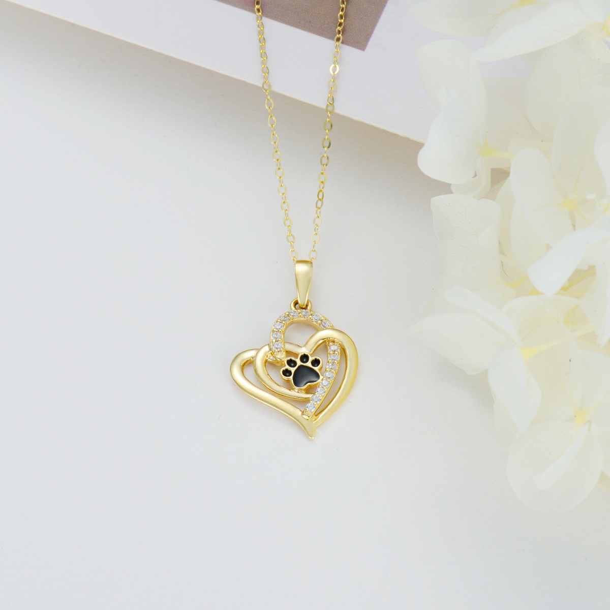 14K Gold Cubic Zirconia Paw & Heart With Heart Necklace for Women-3