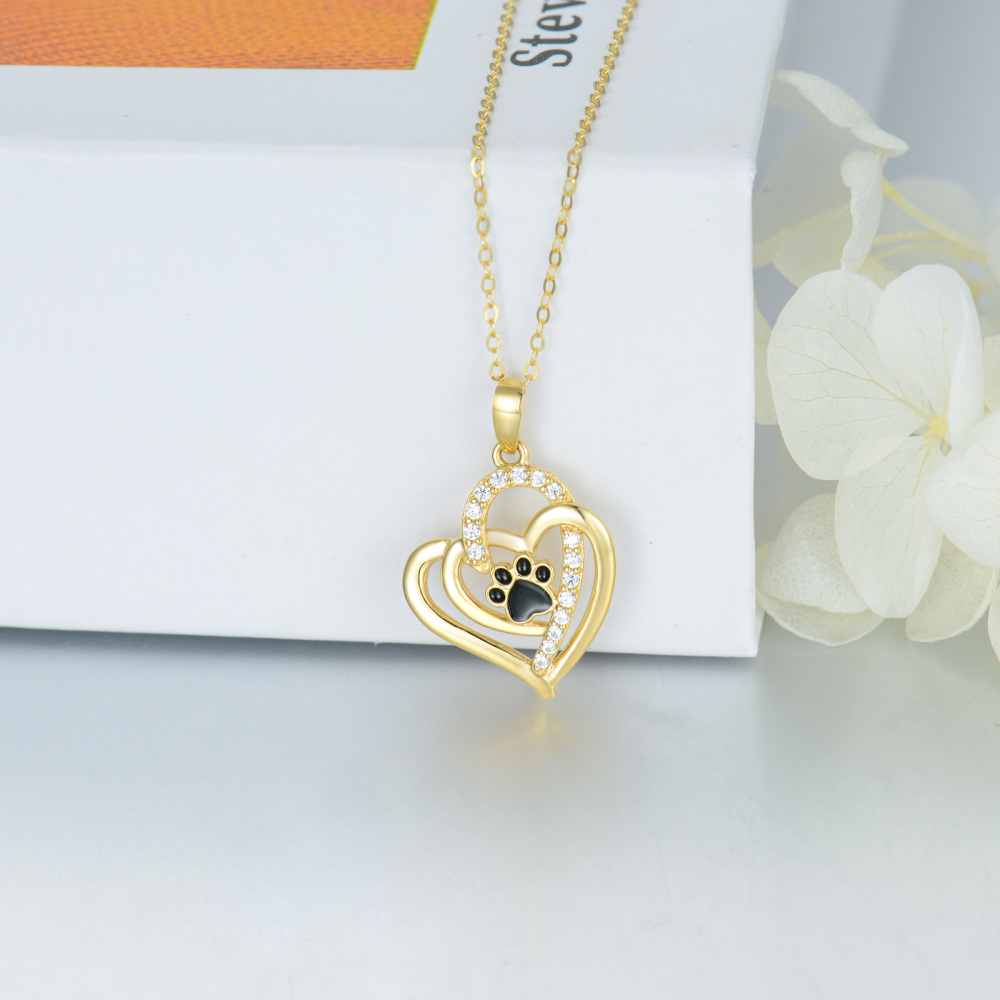10K Gold Cubic Zirconia Paw & Heart With Heart Necklace for Women-4