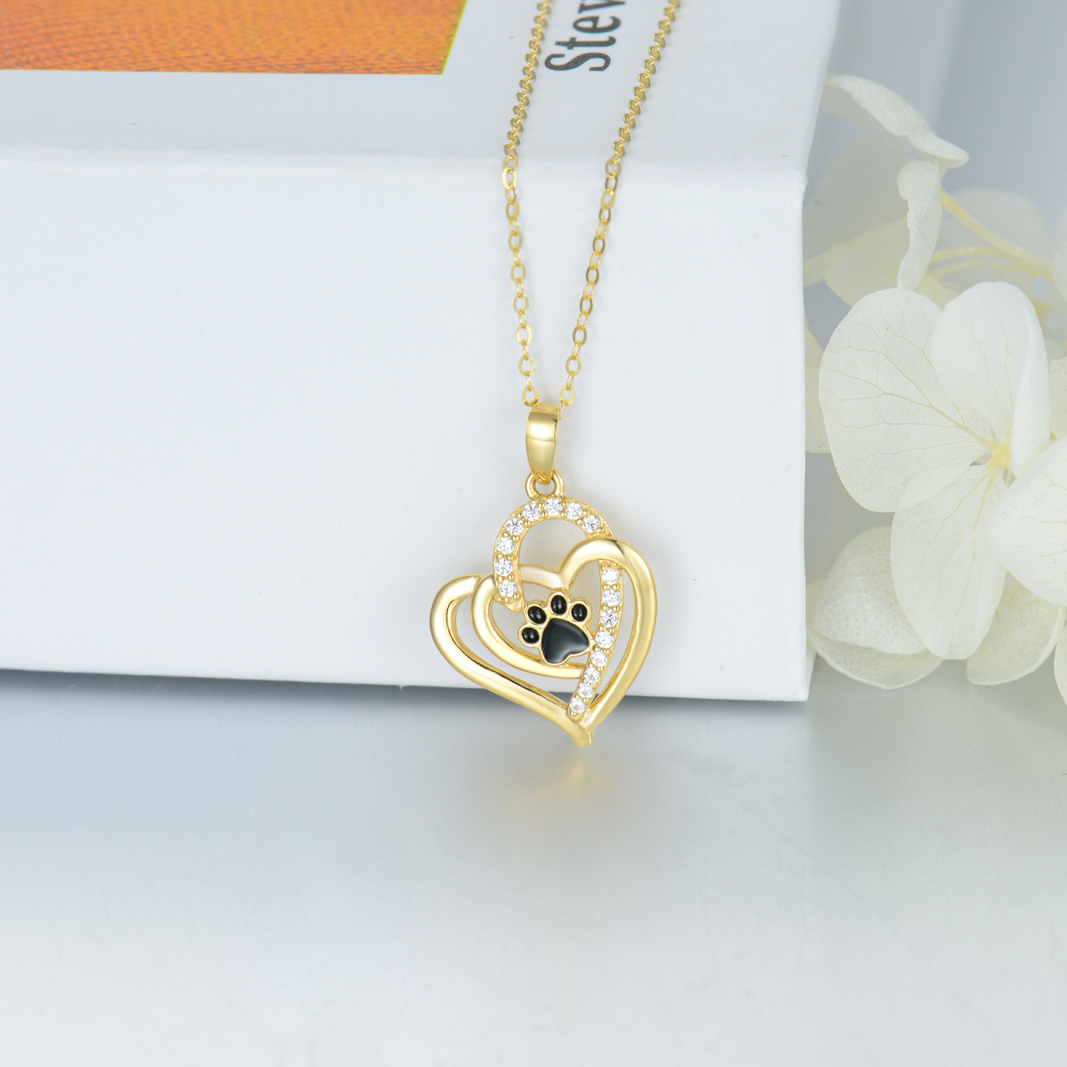 14K Gold Cubic Zirconia Paw & Heart With Heart Necklace for Women-4