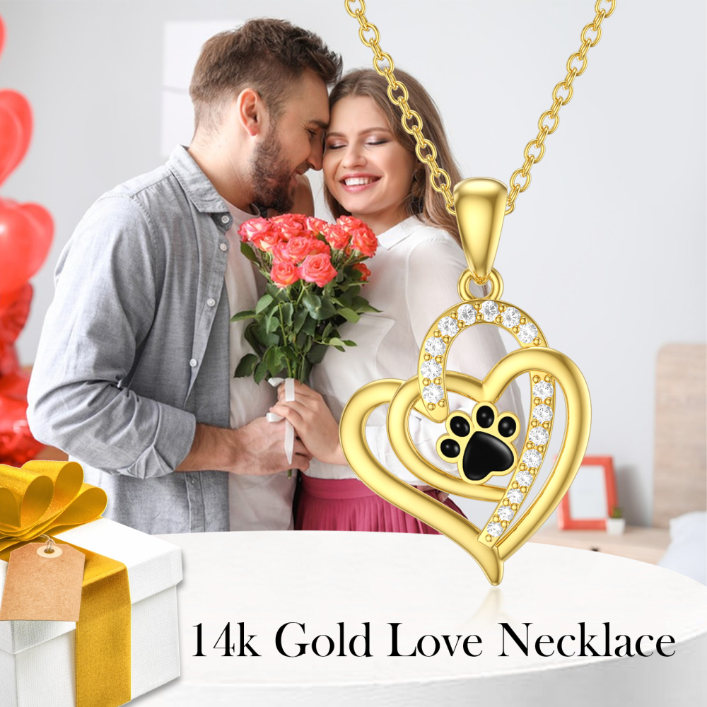 10K Gold Cubic Zirconia Paw & Heart With Heart Necklace for Women-6