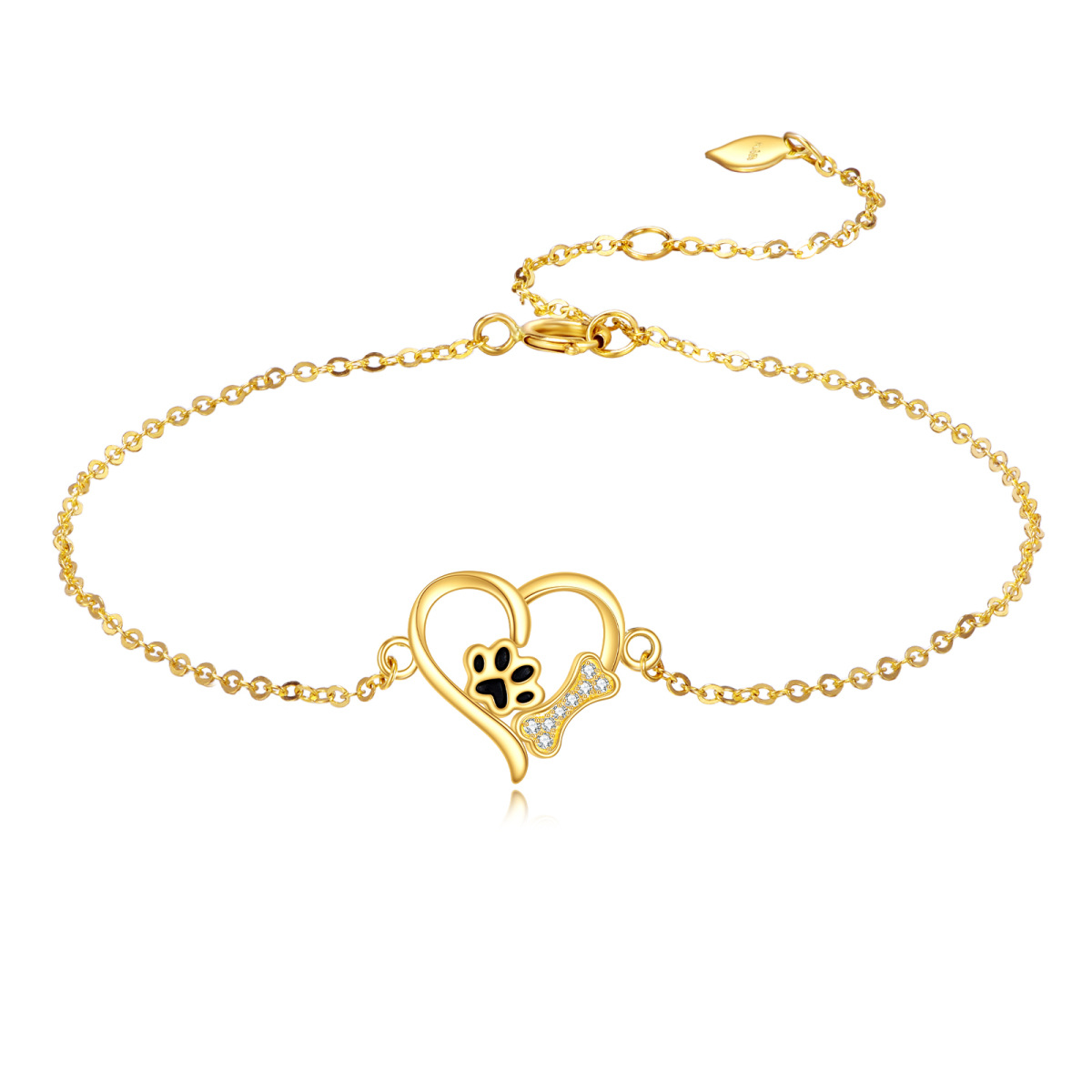 10K Gold Cubic Zirconia Paw & Heart Charm Bracelet-1