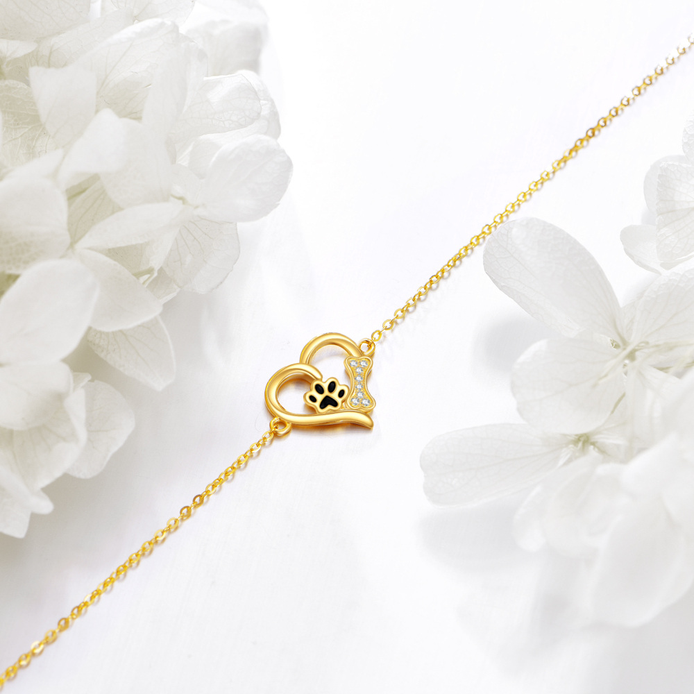 10K Gold Cubic Zirconia Paw & Heart Charm Bracelet-3