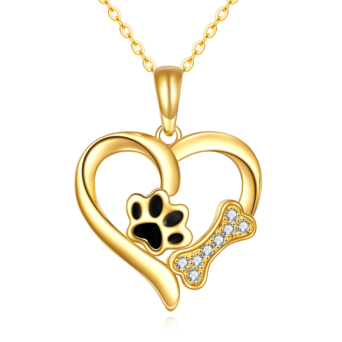 14K Gold Cubic Zirconia Paw & Heart Pendant Necklace-1