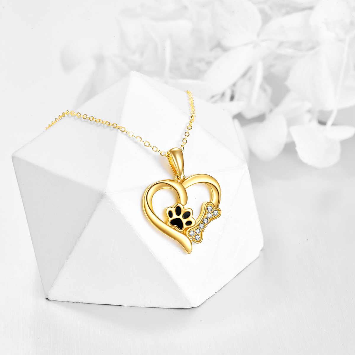 14K Gold Cubic Zirconia Paw & Heart Pendant Necklace-4