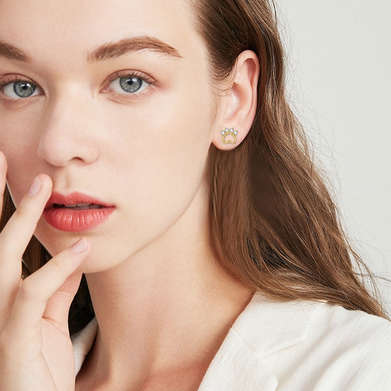 10K Gold Paw Print Earrings Studs for Women Girls Birthday Gift-3