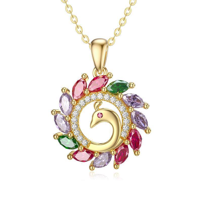 14K Gold Cubic Zirconia Peacock Pendant Necklace-1