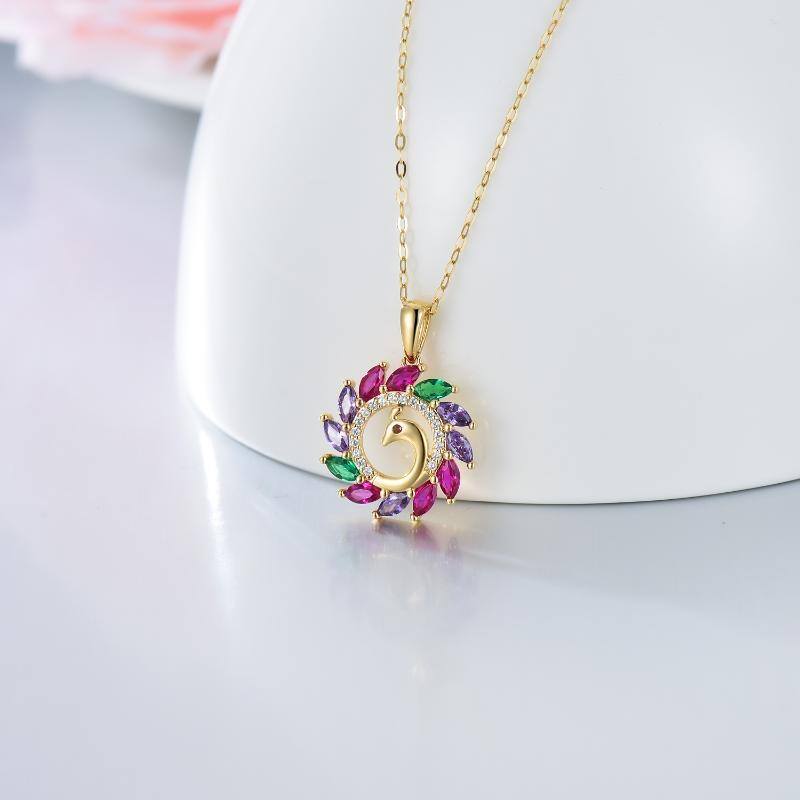 14K Gold Cubic Zirconia Peacock Pendant Necklace-3