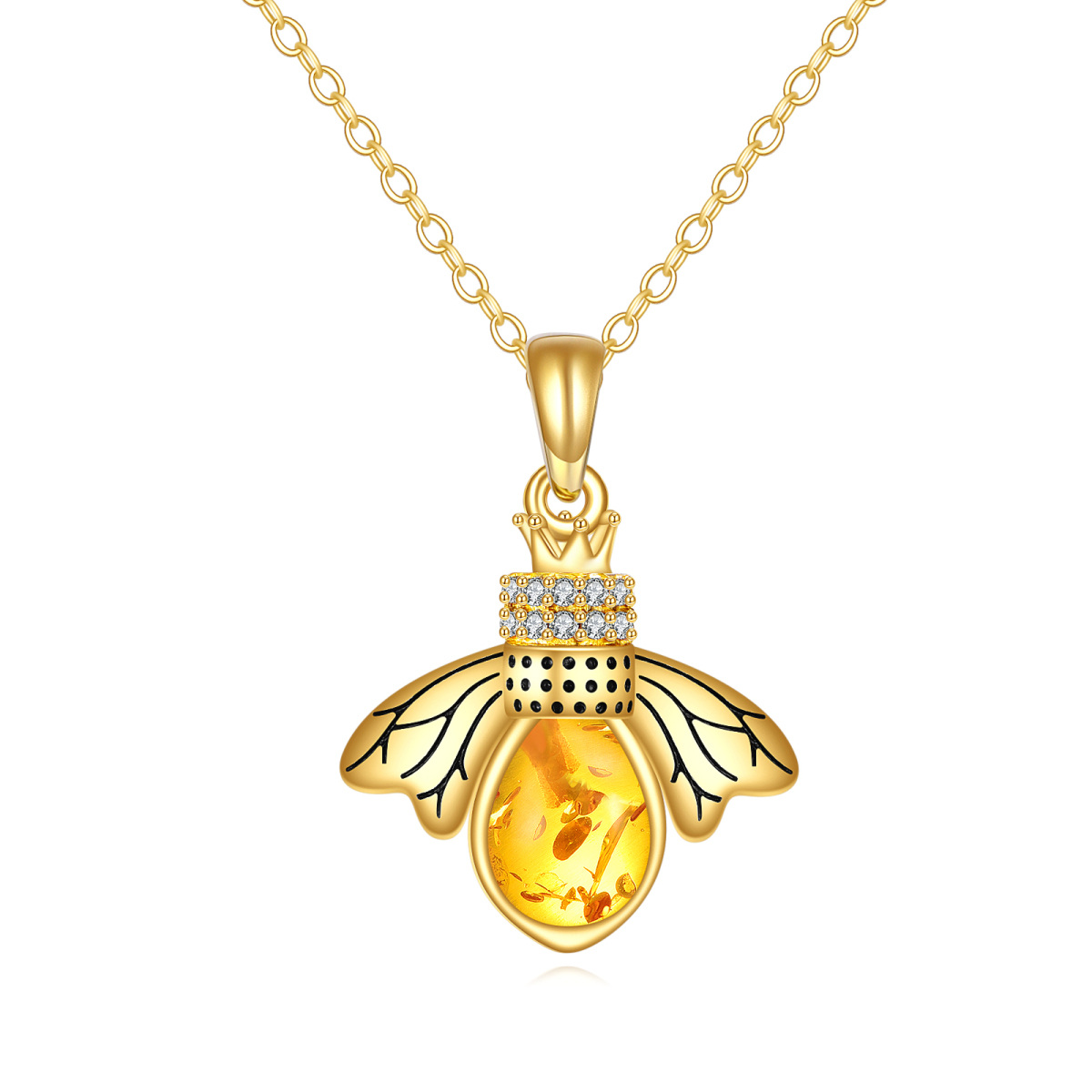 14K Gold Pear Amber Bee & Crown Pendant Necklace-1